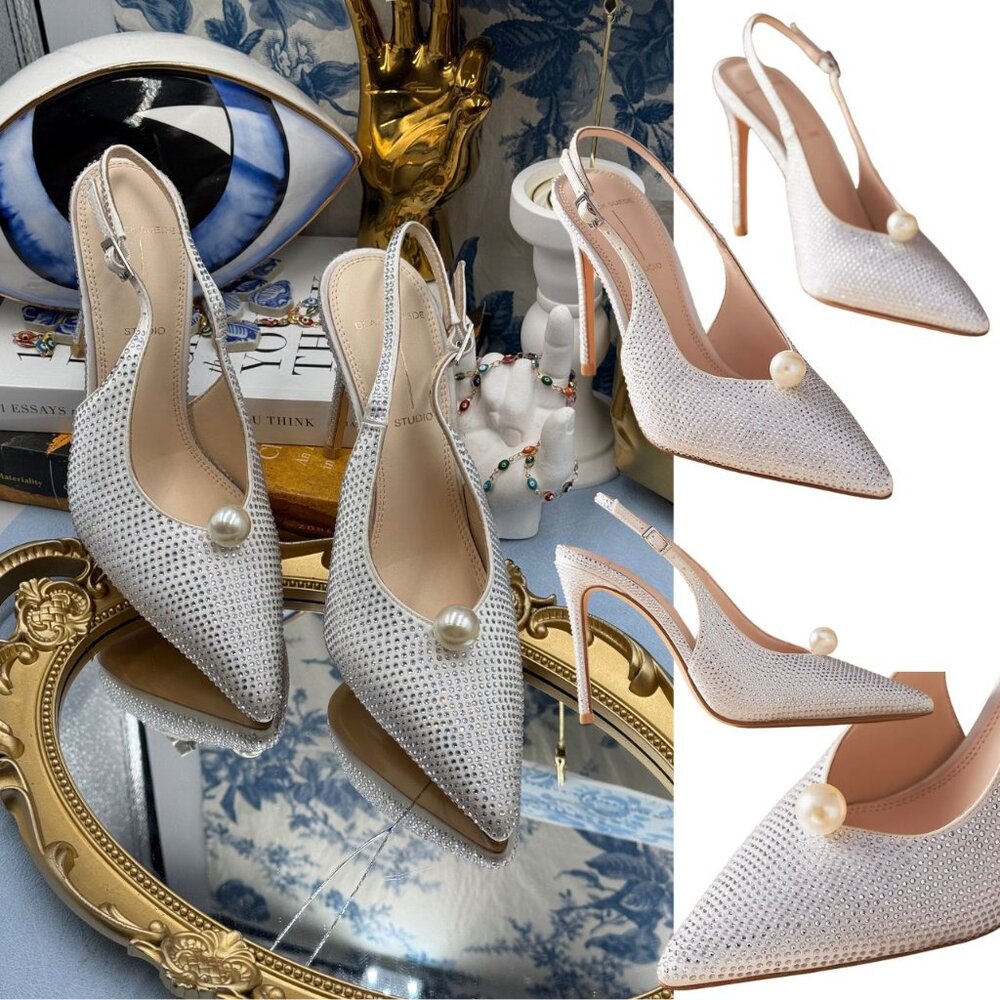 🆕 BLACK SUEDE STUDIO 🧿 NWOB Reina 100 White Crystal Slingback Pumps, Sz 36 US6